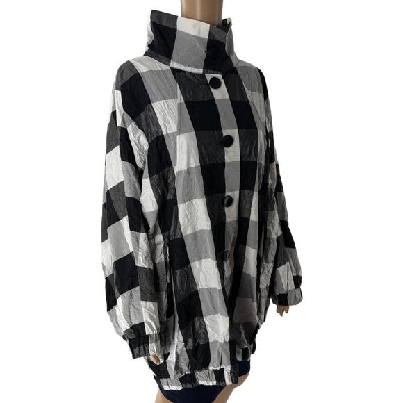 Alembika Black Checkered Gray Button Up Crinkle White Lightweight Jacket - Picture 7 of 11